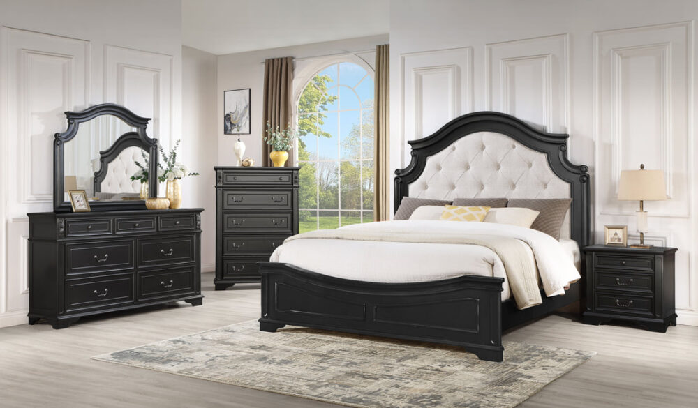 Classic Black Wood Bed with Tufted Upholstered Curved Headboard