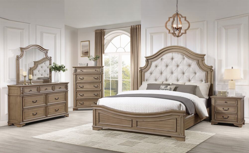 Classic Light Wood Bed with Curved Tufted Upholstered Headboard