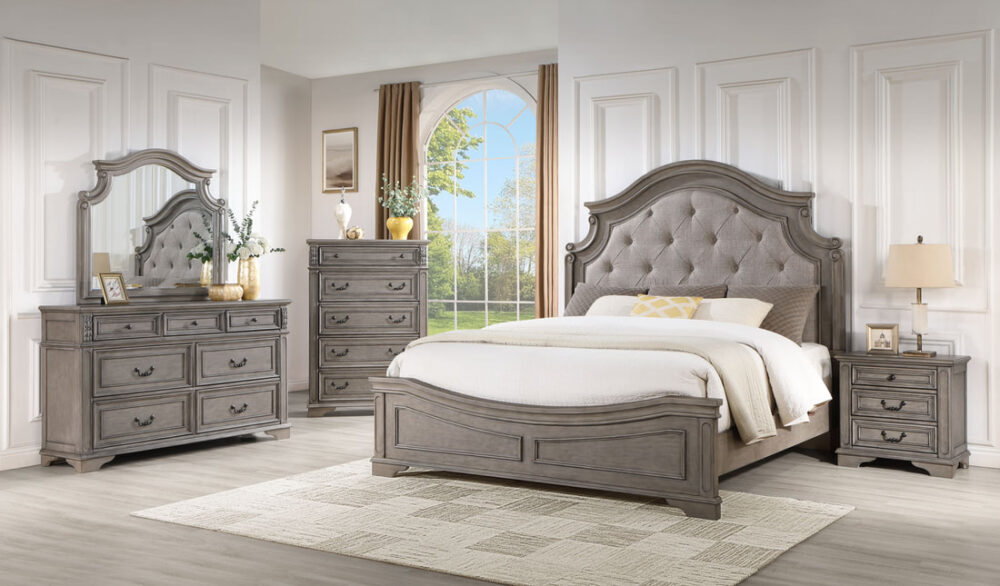Elegant Gray Wood Bed with Tufted Upholstered Curved Headboard