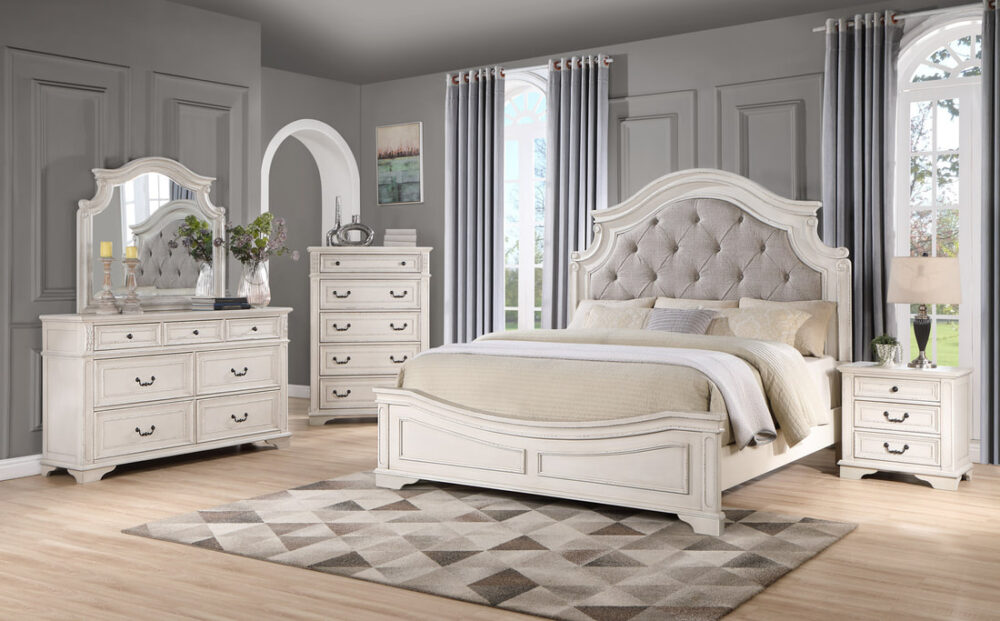 Elegant White Wood Bed with Curved Tufted Upholstered Headboard