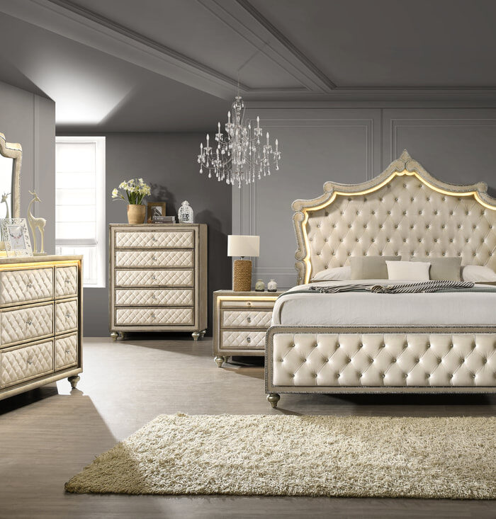 Luxury Tufted Bed with Ornate Gold Trim and Regal Upholstered Headboard