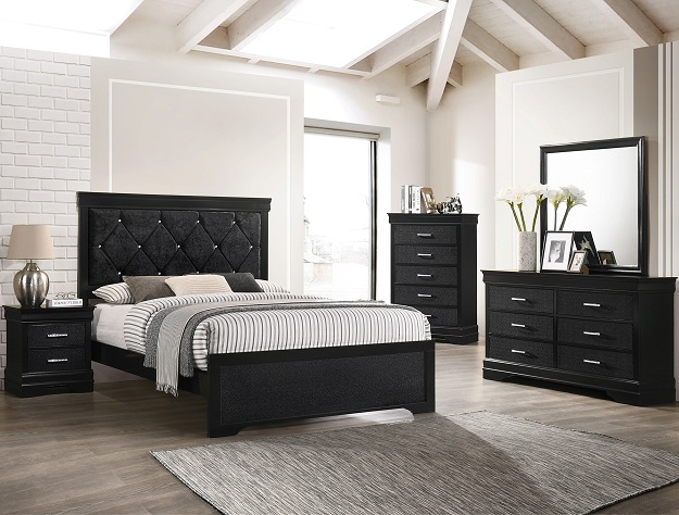 Modern Black Bed with Tufted Upholstered Headboard and Sturdy Wooden Frame