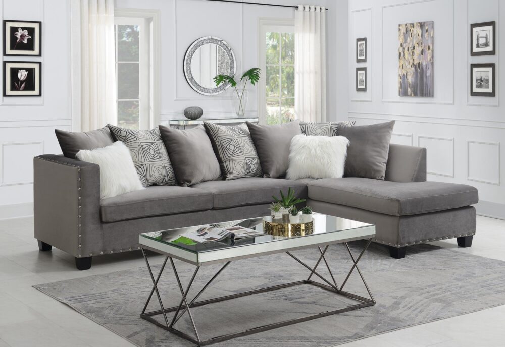 Modern Light Gray Sectional Sofa with Nailhead Trim & Accent Pillows