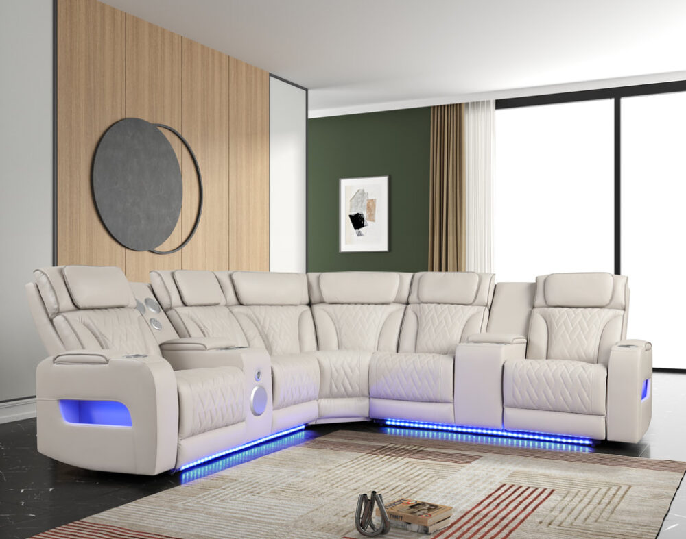 Modern White Reclining Sectional Sofa with LED Lighting & Cup Holders
